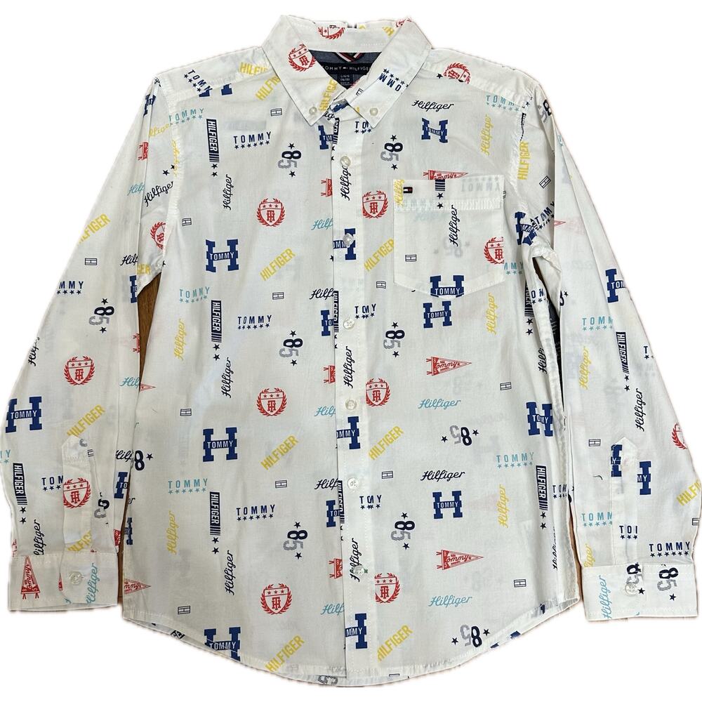 Tommy Hilfiger Boys Button-Up Shirt White Logo Print Size L (16/18) NWT